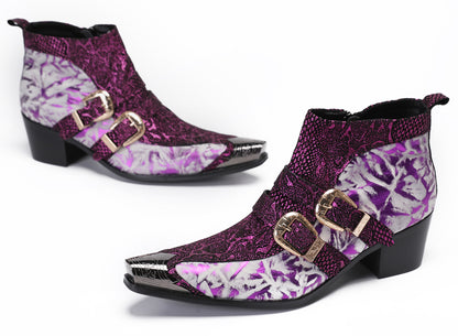 Mens Genuine Leather Double Buckle Rock Singer Ankle Western Boots