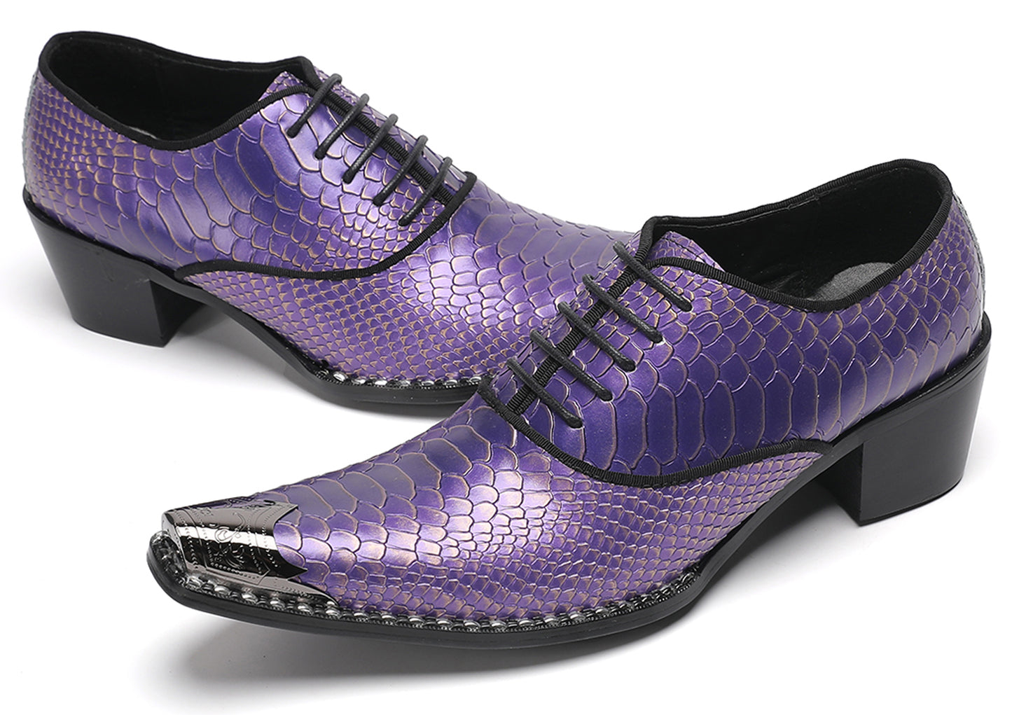Mens Purple Dress Casual Shoes Metal Pointed To Western Oxfords
