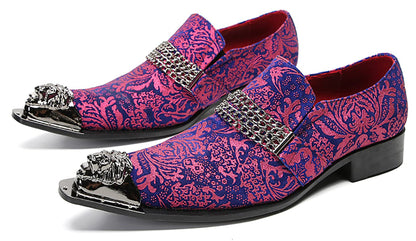 Mens Genunie Leather Slip On Metal Tip Toe Chain Western Loafers