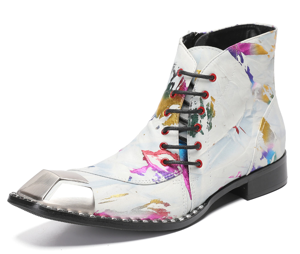 Mens Metal-Square Toe Zip Graffiti Beveled Laces Western Boots
