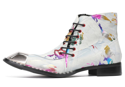 Mens Metal-Square Toe Zip Graffiti Beveled Laces Western Boots