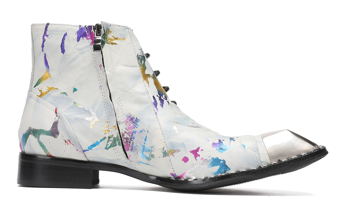 Mens Metal-Square Toe Zip Graffiti Beveled Laces Western Boots