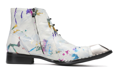 Mens Metal-Square Toe Zip Graffiti Beveled Laces Western Boots