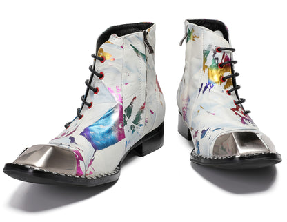 Mens Metal-Square Toe Zip Graffiti Beveled Laces Western Boots