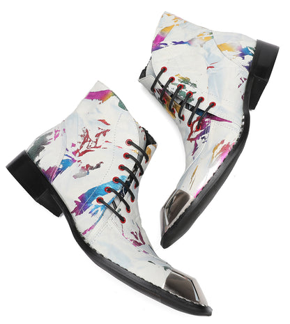 Mens Metal-Square Toe Zip Graffiti Beveled Laces Western Boots
