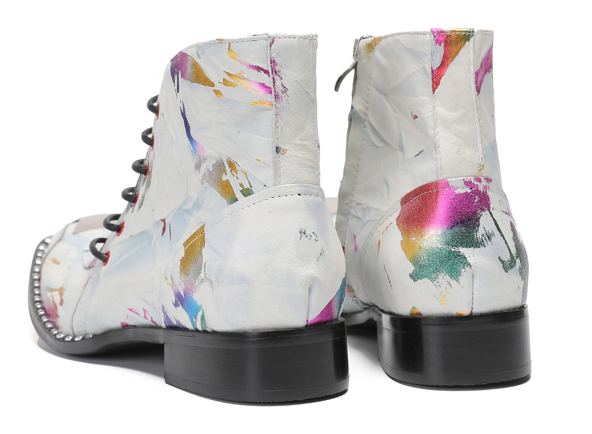 Mens Metal-Square Toe Zip Graffiti Beveled Laces Western Boots