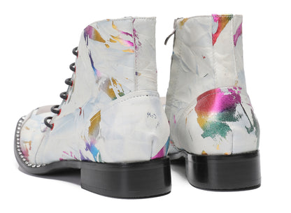 Mens Metal-Square Toe Zip Graffiti Beveled Laces Western Boots