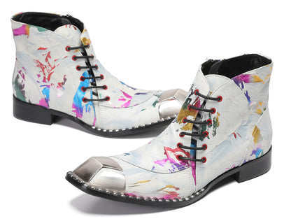 Mens Metal-Square Toe Zip Graffiti Beveled Laces Western Boots