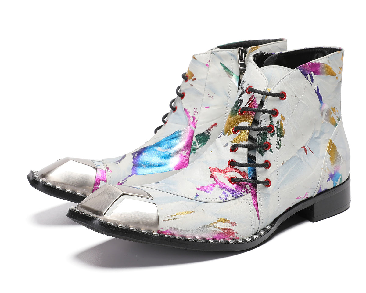 Mens Metal-Square Toe Zip Graffiti Beveled Laces Western Boots