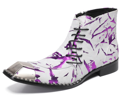 Mens Metal-Square Toe Zip Graffiti Beveled Laces Western Boots
