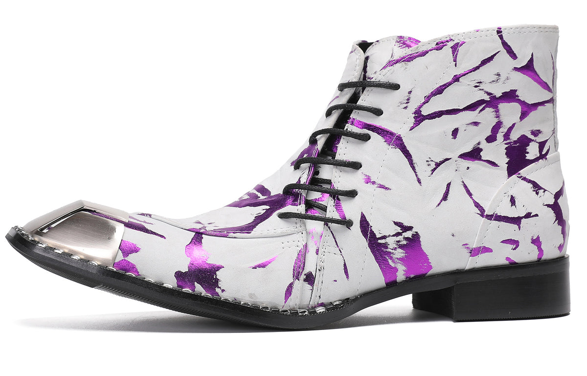 Mens Metal-Square Toe Zip Graffiti Beveled Laces Western Boots