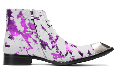 Mens Metal-Square Toe Zip Graffiti Beveled Laces Western Boots