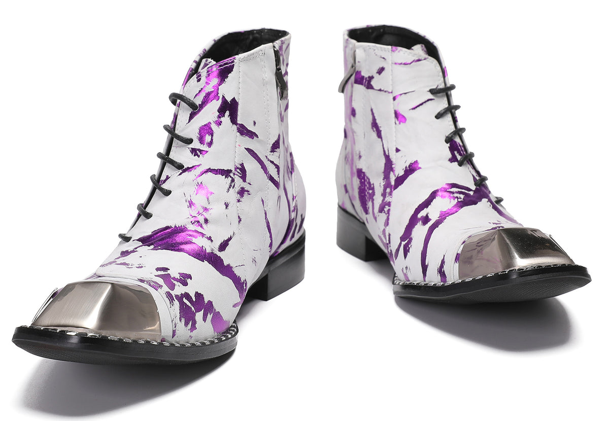 Mens Metal-Square Toe Zip Graffiti Beveled Laces Western Boots