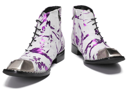 Mens Metal-Square Toe Zip Graffiti Beveled Laces Western Boots