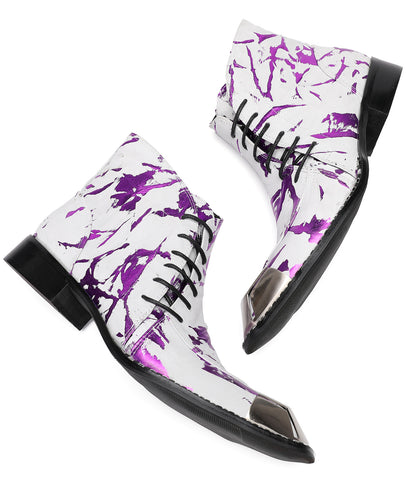 Mens Metal-Square Toe Zip Graffiti Beveled Laces Western Boots