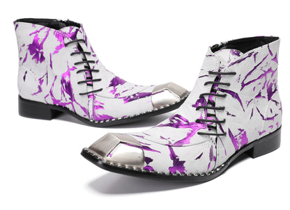 Mens Metal-Square Toe Zip Graffiti Beveled Laces Western Boots