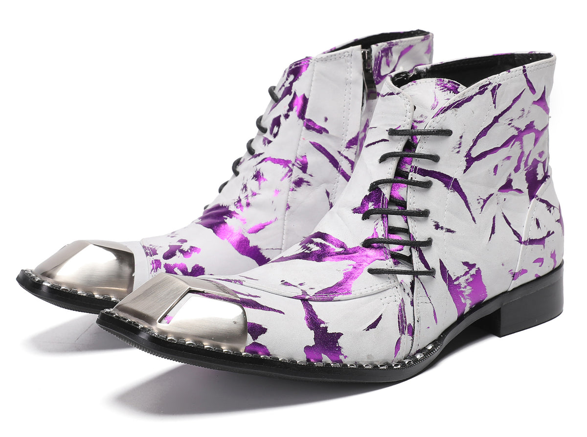 Mens Metal-Square Toe Zip Graffiti Beveled Laces Western Boots