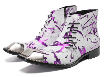 Mens Metal-Square Toe Zip Graffiti Beveled Laces Western Boots