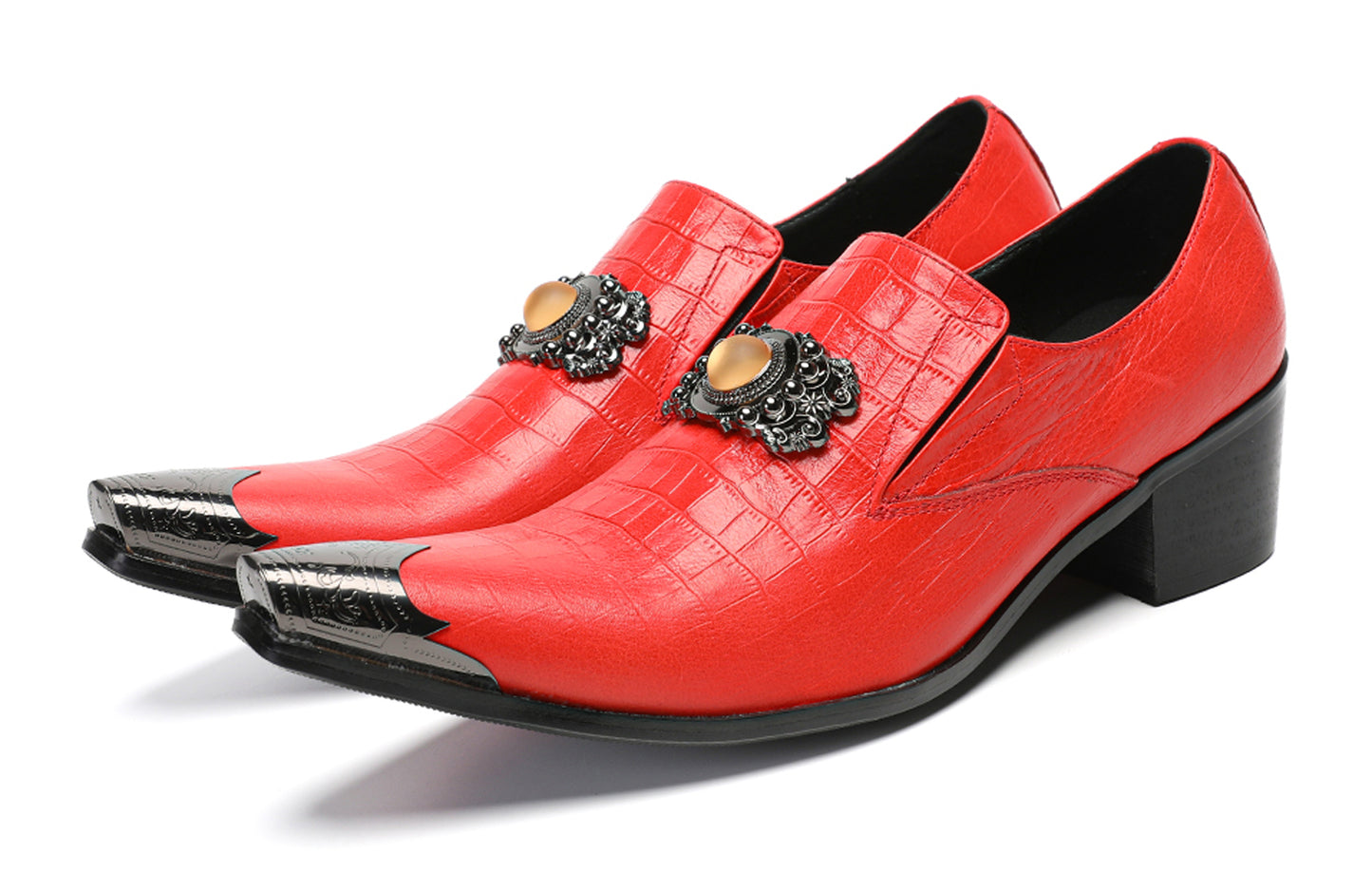 Mens Top-Grain Leather Handmade Croc-Embossed Red Western Loafers