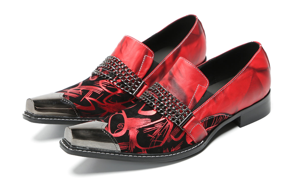 Mens Metal Pointed Cap Chain Decor Slip-On Dress Western Loafers