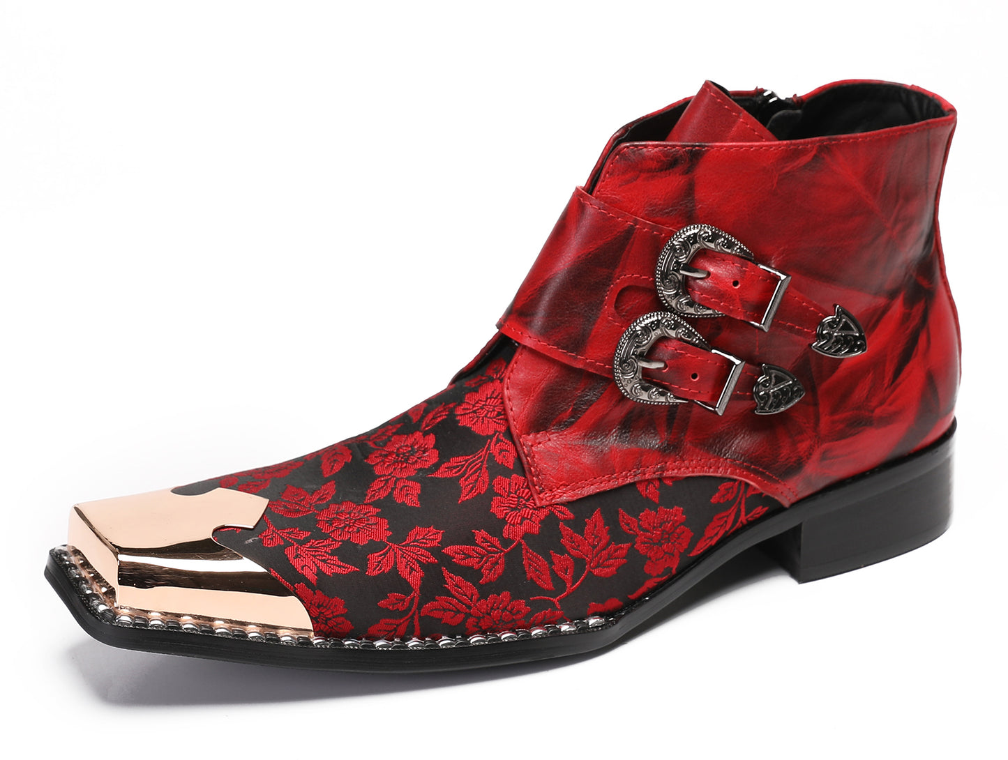 Mens Party Red Dress Metal Square Toe Floral Buckle Western Boots
