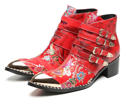 Mens Buckle Strap Floral Embroidery Cowboy Western Boots