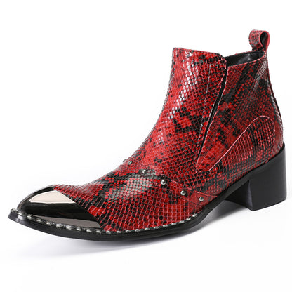 Mens Red Snake Embossed Leather Metal Toe Zip Ankle Western Boots