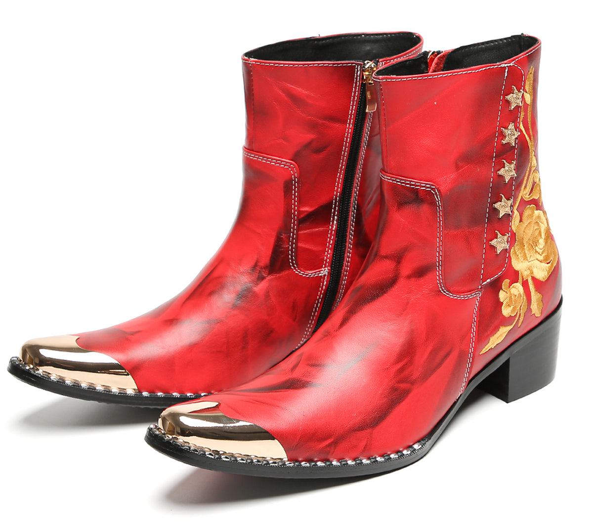 Mens Embroidered Rose Side Zip Metal Toe Cowboy Western Boots