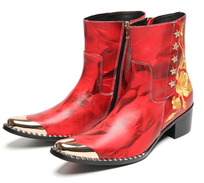 Mens Embroidered Rose Side Zip Metal Toe Cowboy Western Boots