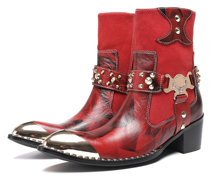 Mens Top-Grain Leather Studded Skull Buckle Punk Cowboy Western Boots