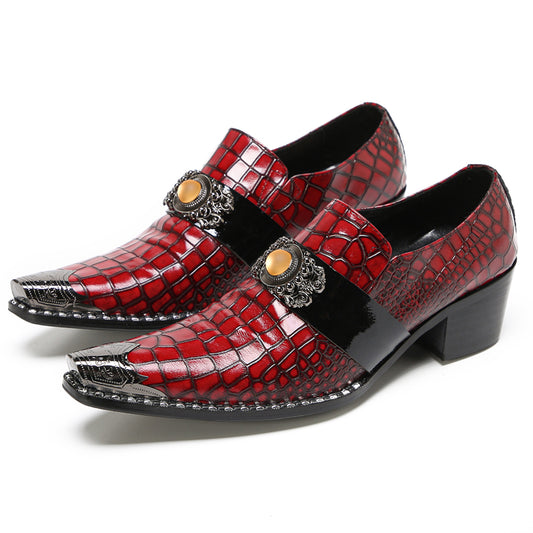 Mens Top-Grain Leather Red Crocodile Embossed Slip-On Western Loafers