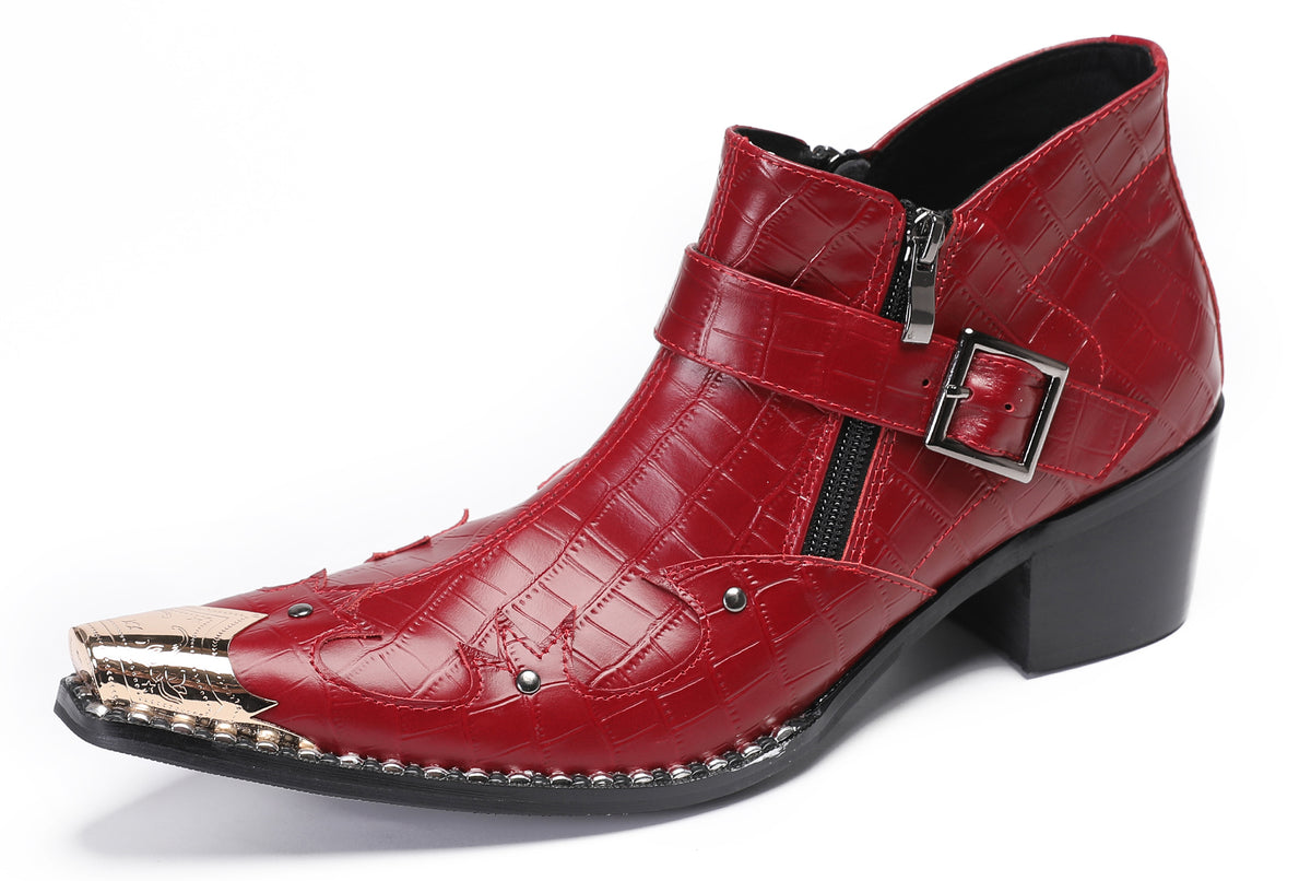 Mens Snakeskin Texture Metal Toe Double Zipper Ankle Western Boots