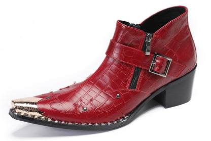 Mens Snakeskin Texture Metal Toe Double Zipper Ankle Western Boots