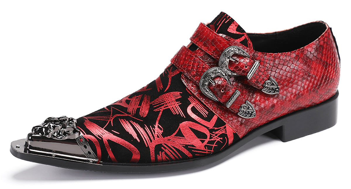Mens Party Casual Double Buckle Floral Western Loafers