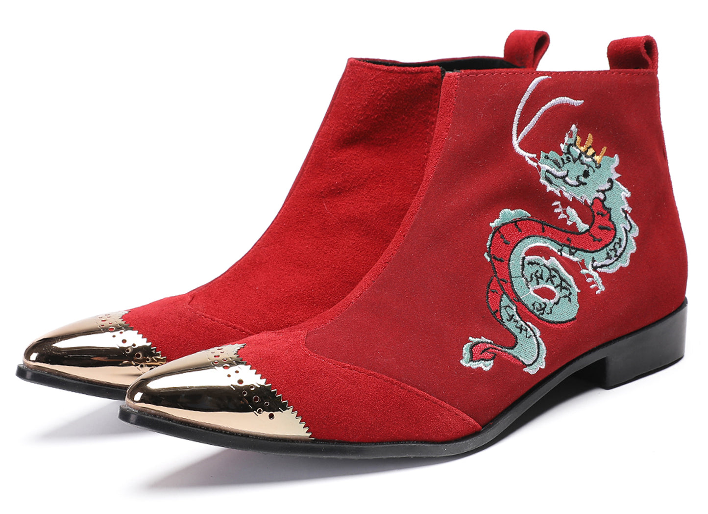 Mens Red Suede Dragon Embroidered Ankle Cowboy Western Boots