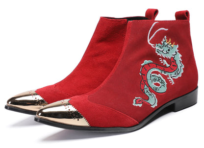 Mens Red Suede Dragon Embroidered Ankle Cowboy Western Boots
