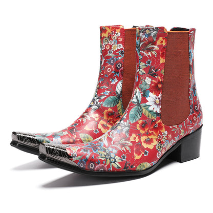 Mens Handmade Floral Top-Grain Leather Chelsea Boots