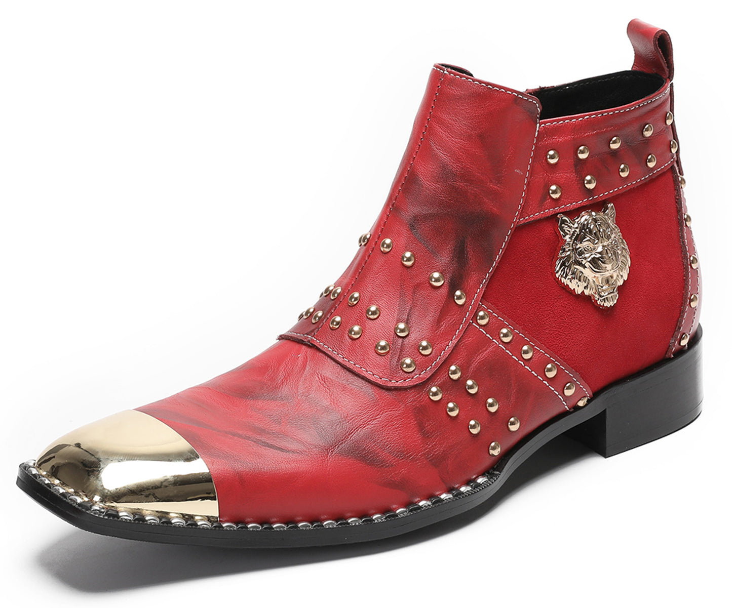 Mens Casual Dress Red Gold Tiger Head Metal Square Toe Western Boots