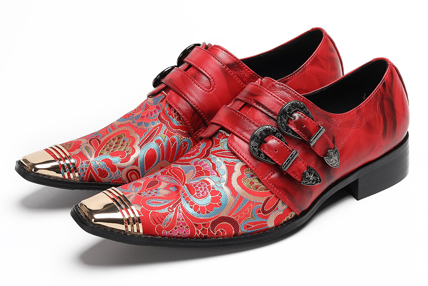 Mens Metal Toe Cap Floral Embroidered Monk Strap Buckle Western Loafers