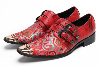 Mens Metal Toe Cap Floral Embroidered Monk Strap Buckle Western Loafers