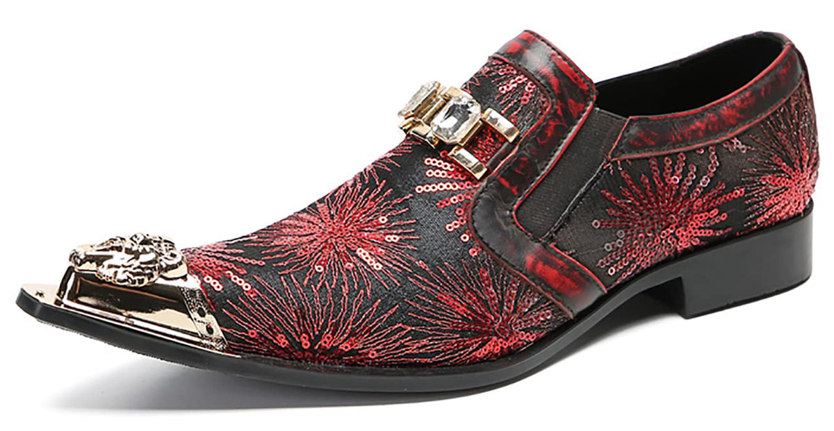 Mens Metal Tip Toe Sequins Fireworks White Diamond Chain Western Loafers