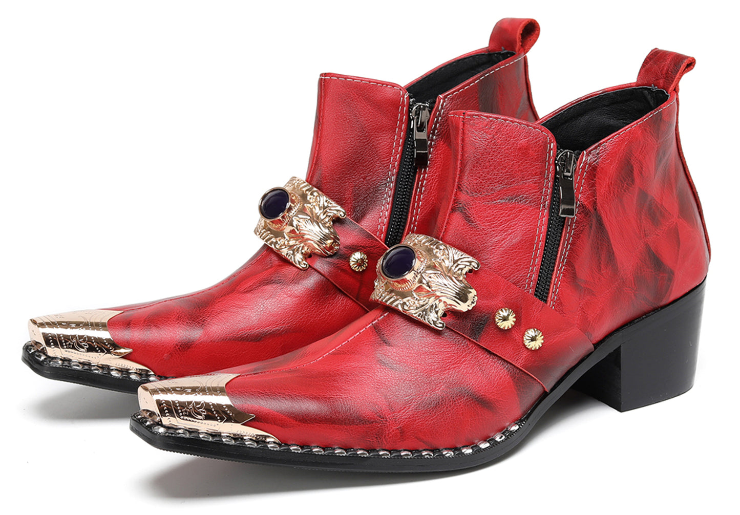Mens Black Gemstone Chain Double Zipper Western Boots