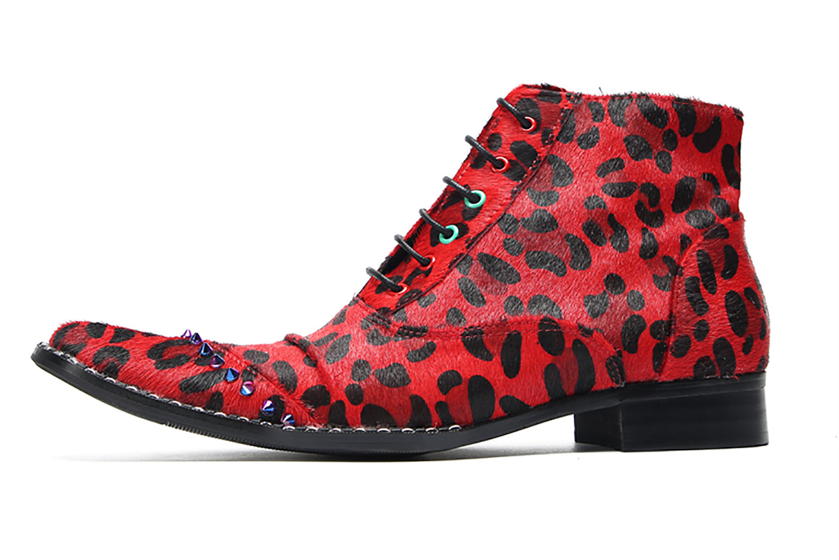 Mens Suede Red Leopard Prin Studded Ankle Western Oxfords Boots