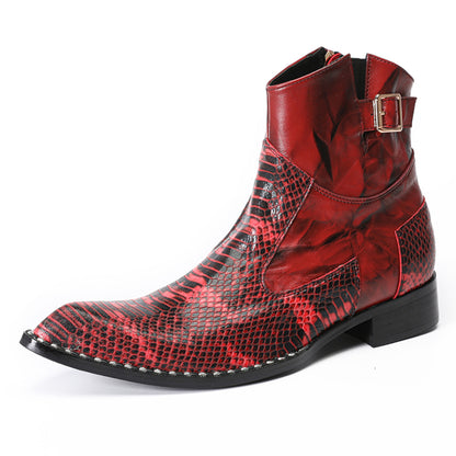 Mens Top-Grain Leather Snake-Embossed Cowboy Western Ankle Boots