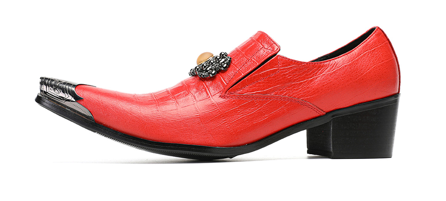 Mens Top-Grain Leather Handmade Croc-Embossed Red Western Loafers