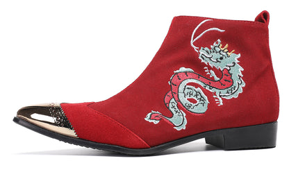 Mens Red Suede Dragon Embroidered Ankle Cowboy Western Boots