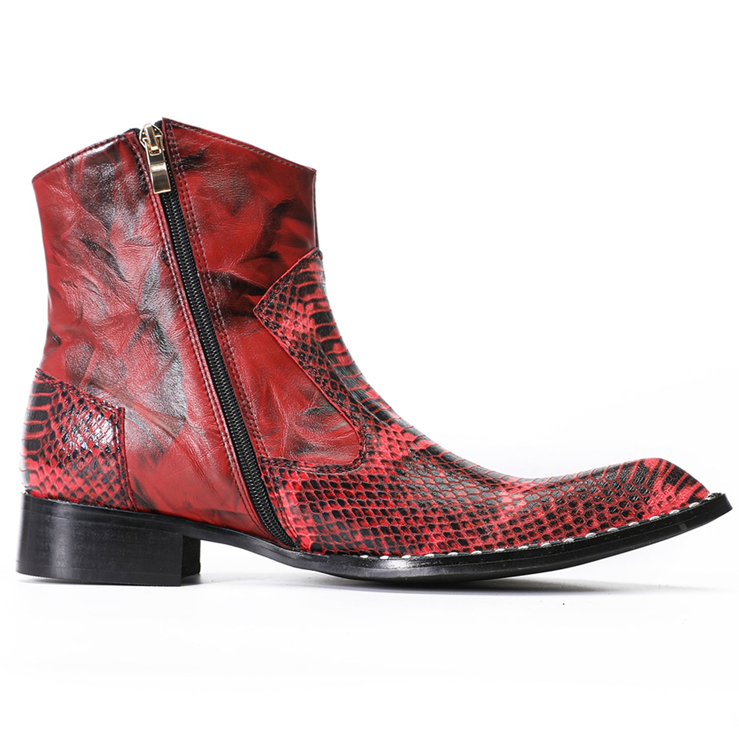Mens Top-Grain Leather Snake-Embossed Cowboy Western Ankle Boots