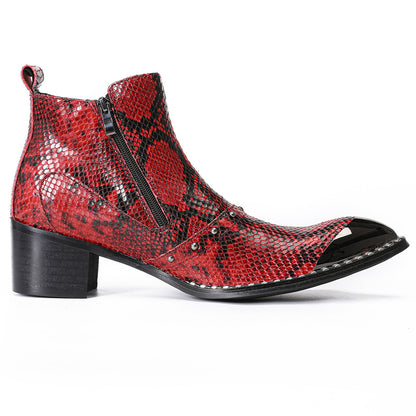 Mens Red Snake Embossed Leather Metal Toe Zip Ankle Western Boots