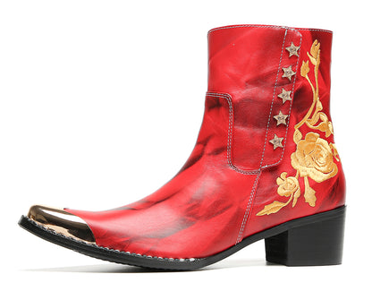 Mens Embroidered Rose Side Zip Metal Toe Cowboy Western Boots
