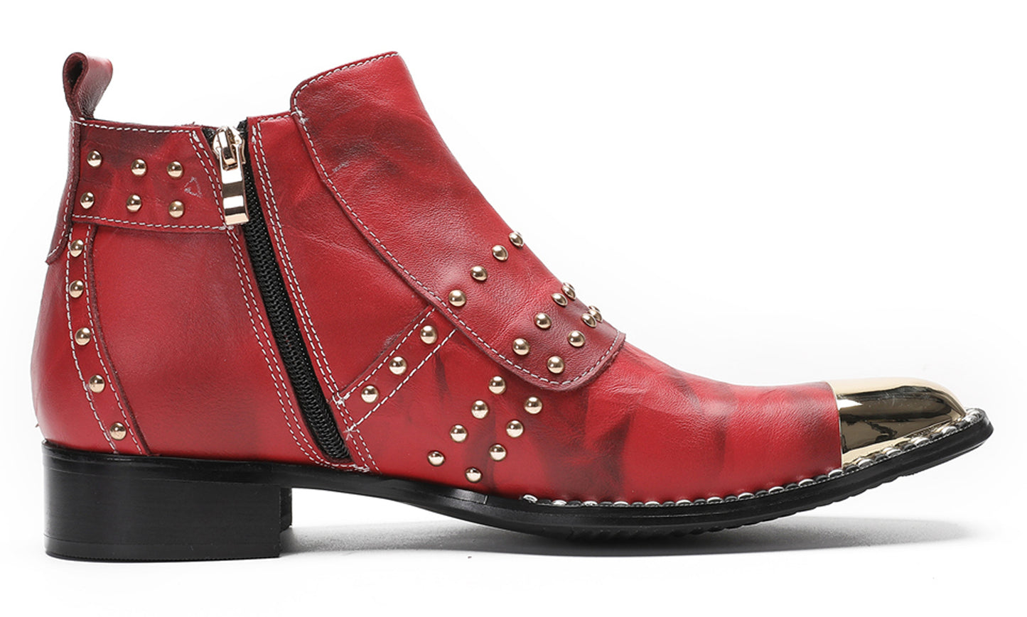Mens Casual Dress Red Gold Tiger Head Metal Square Toe Western Boots
